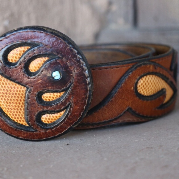 RARE 70s Vintage WYLY\'s Brown Leather Buckle Belt w/ Genuine Turquoise main image 5